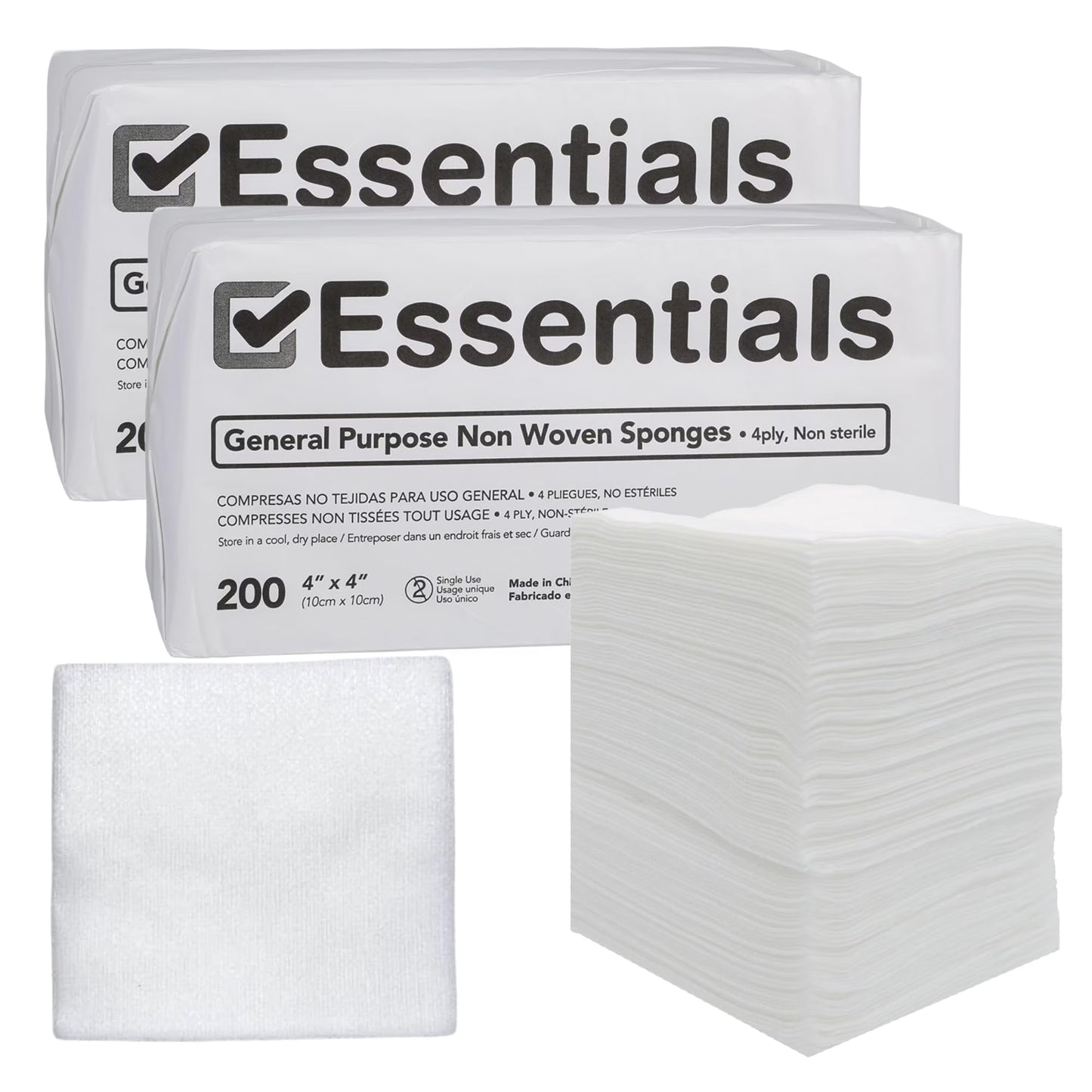 Essentials Non-Sterile Gauze Sponges – 200 Count (Pack of 2), 4-Ply, 4’’ X 4’’ Gauze Pads, Two Pack, Non-Woven Gauze Sponges - Pack of Two, Wound Care Product for First Aid Kit/Medical Facilities