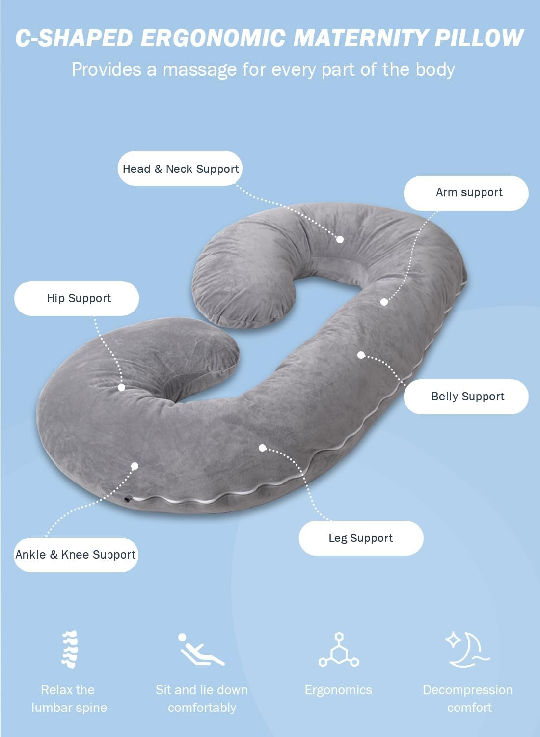 Pregnancy Pillow,Maternity Body Pillow with Velvet Cover,C Shaped Body Pillow for Sleeping (Grey)