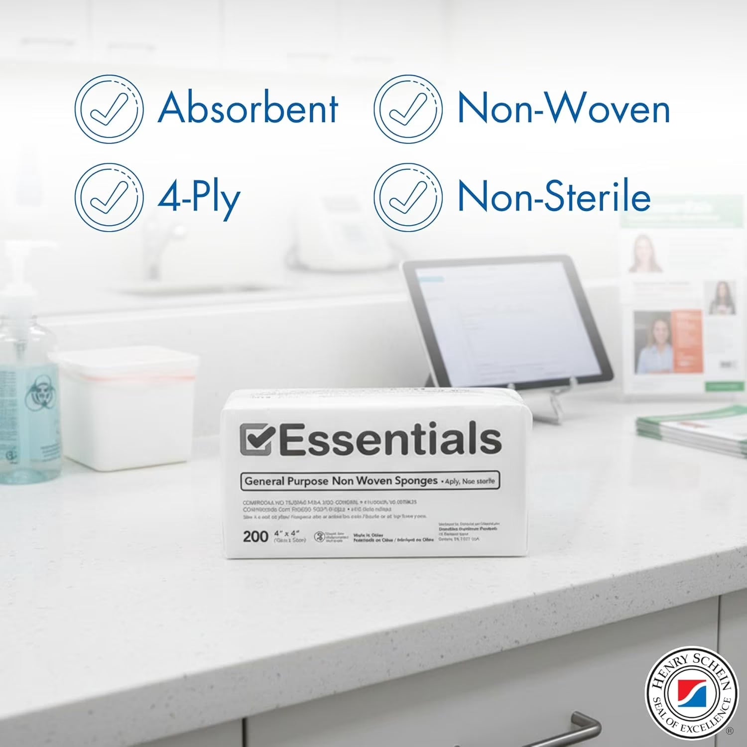 Essentials Non-Sterile Gauze Sponges – 200 Count (Pack of 2), 4-Ply, 4’’ X 4’’ Gauze Pads, Two Pack, Non-Woven Gauze Sponges - Pack of Two, Wound Care Product for First Aid Kit/Medical Facilities
