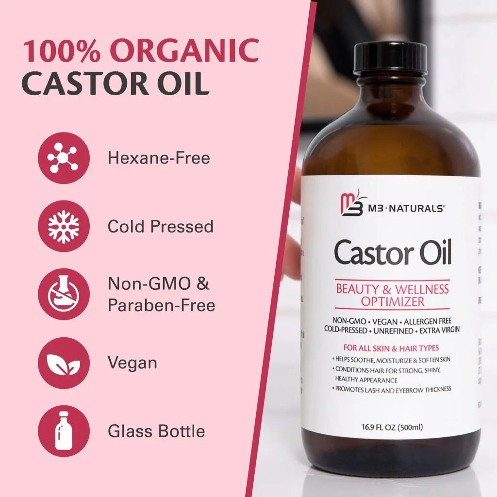 M3 100% Castor Oil Cold Pressed, Hexane-Free, Virgin, Non-Gmo, Allergen-Free – Nourishes Skin, Lashes, and Hair, 16.9 Oz.