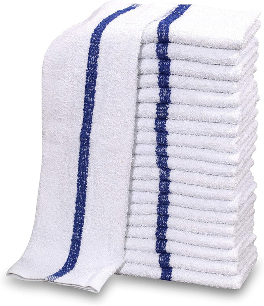 12 PC New Cotton Blend White Restaurant Bar Mops Kitchen Towels 28Oz (1 Dozen) (12, Blue Stripe)