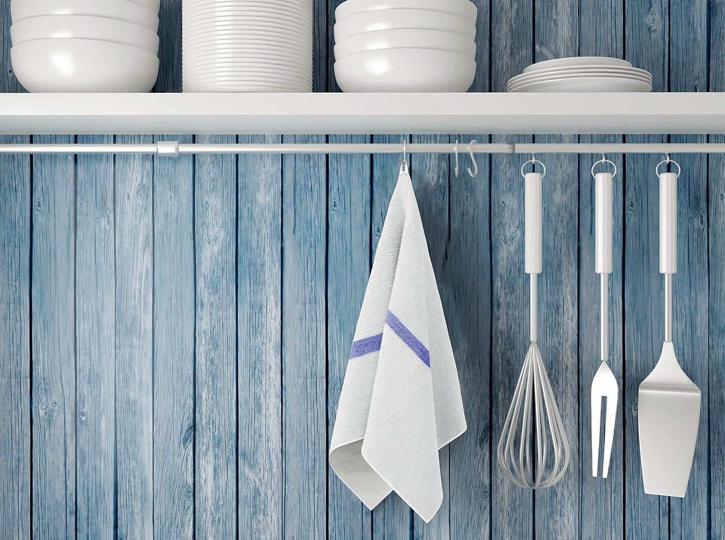 12 PC New Cotton Blend White Restaurant Bar Mops Kitchen Towels 28Oz (1 Dozen) (12, Blue Stripe)