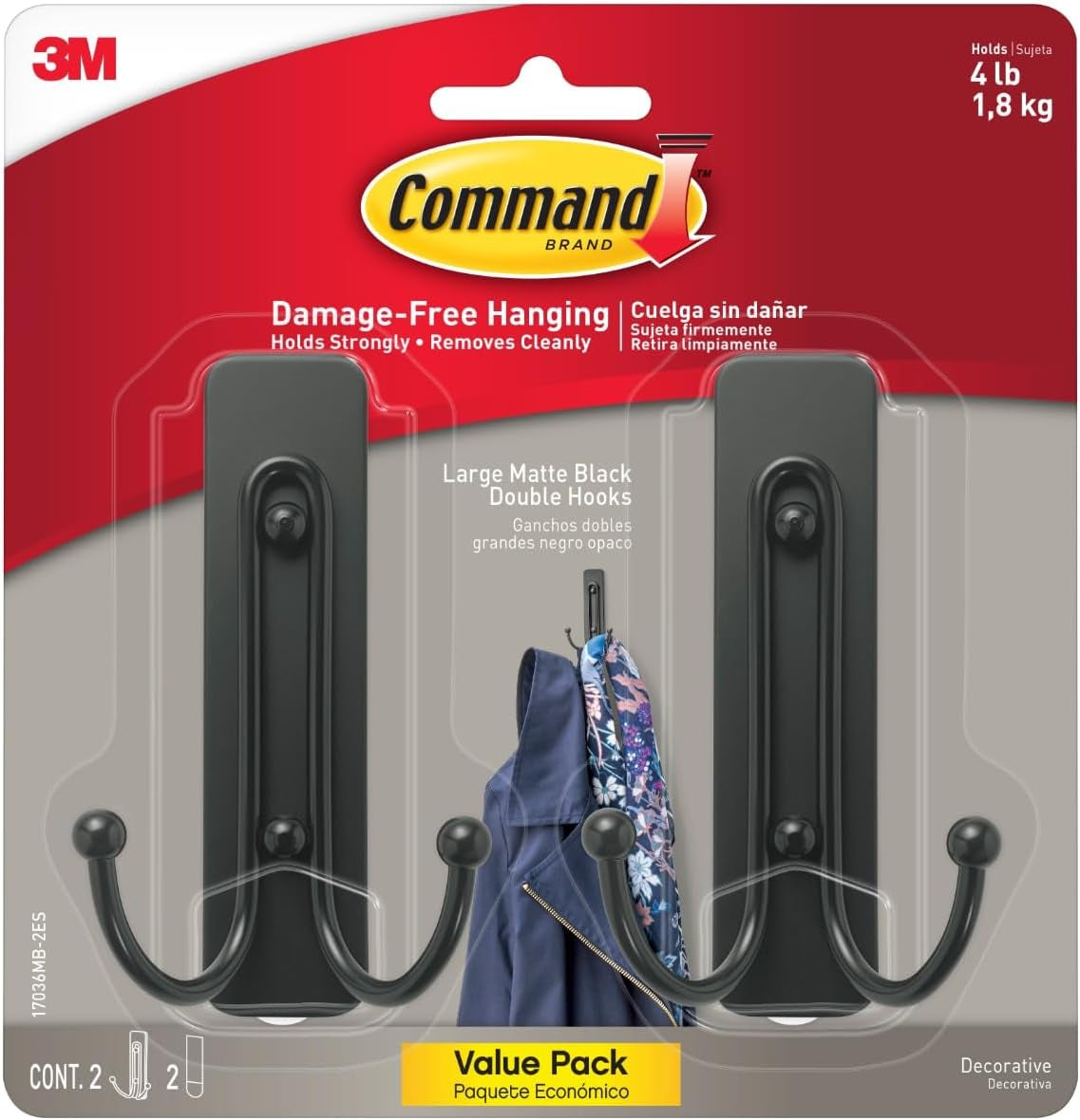 Large Matte Black Double Hooks, 2 Hooks and 2 Strips, Damage Free Hanging Wall Hooks with Adhesive Strips, No Tools Coat Hooks for Hanging Home Decor, Holds up to 4 Lb