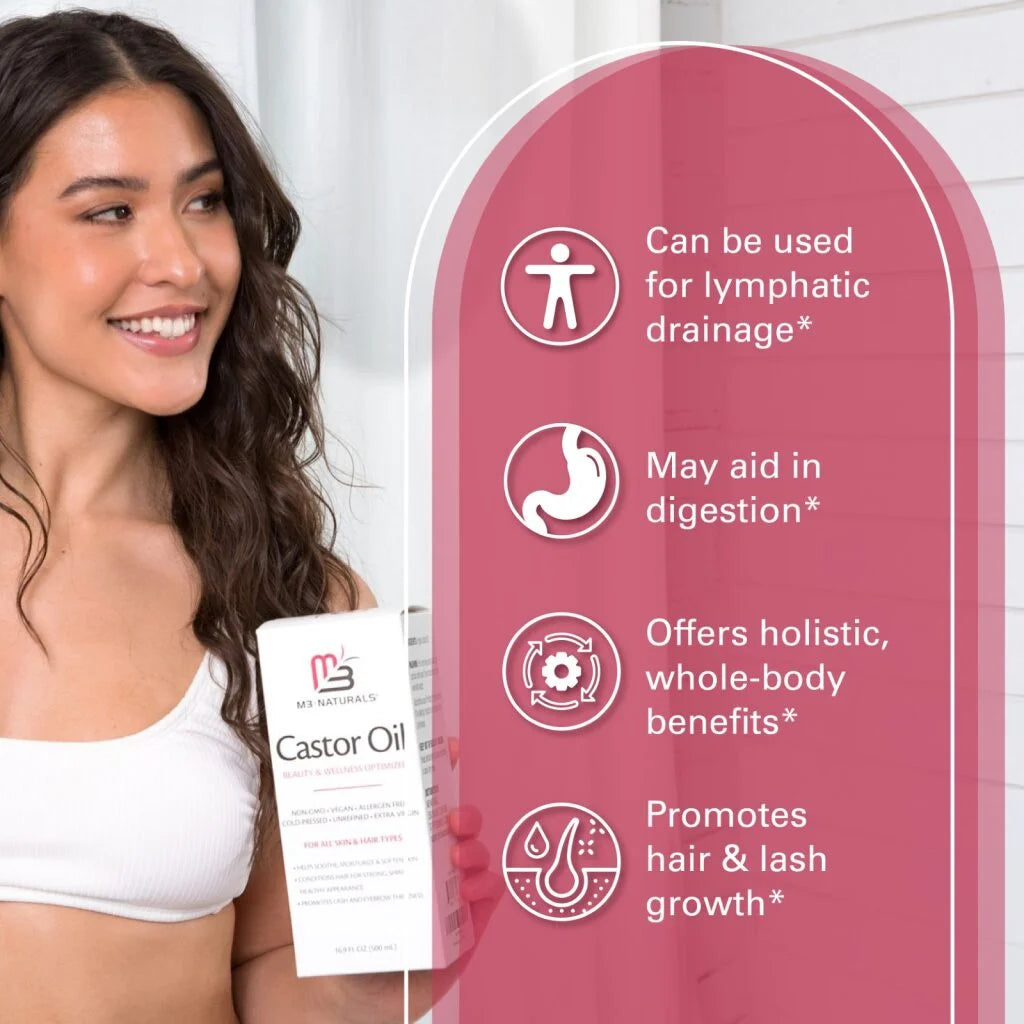 M3 100% Castor Oil Cold Pressed, Hexane-Free, Virgin, Non-Gmo, Allergen-Free – Nourishes Skin, Lashes, and Hair, 16.9 Oz.