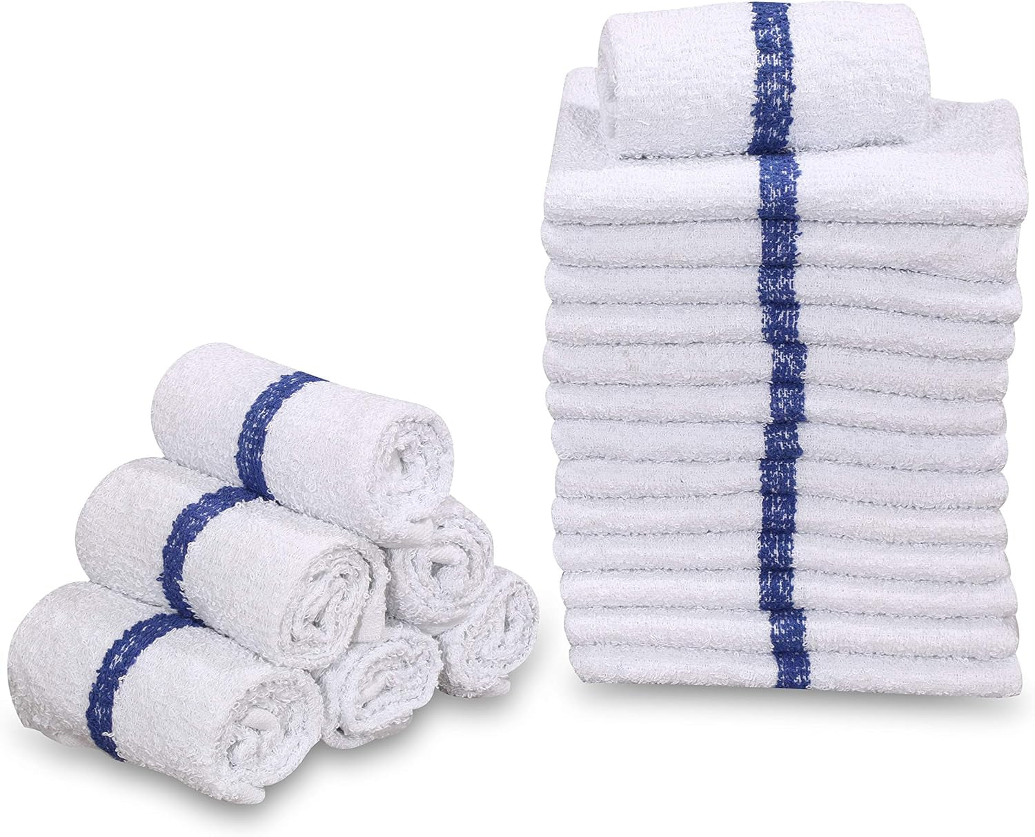 12 PC New Cotton Blend White Restaurant Bar Mops Kitchen Towels 28Oz (1 Dozen) (12, Blue Stripe)