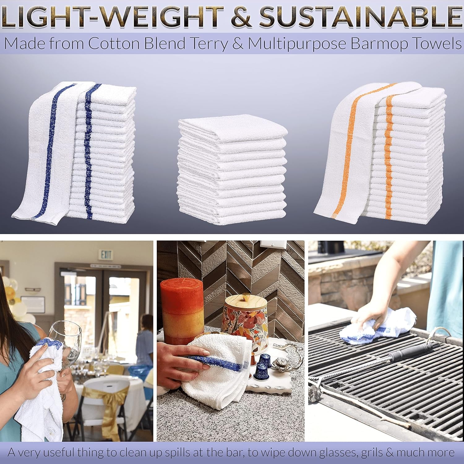 12 PC New Cotton Blend White Restaurant Bar Mops Kitchen Towels 28Oz (1 Dozen) (12, Blue Stripe)