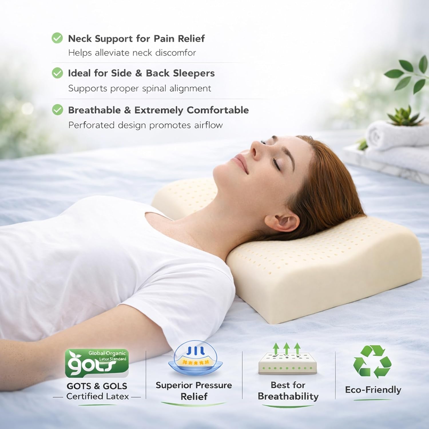 Organic Latex Contour Pillow with Organic Cotton Cover - GOTS & GOLS Certified, Ergonomic Contour Design, Bed Pillow, Spine Support - (Low Loft, Soft) - Pack of 1