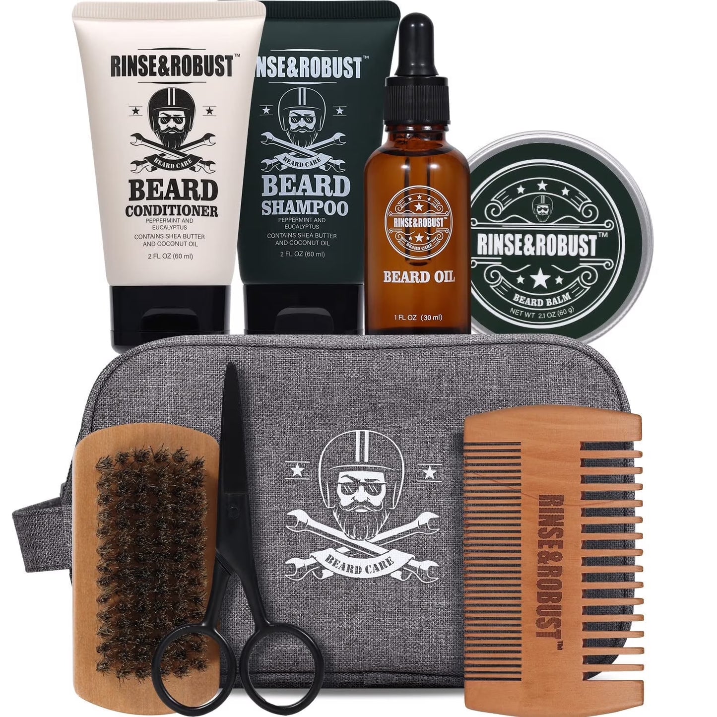 Beard Growth Kit for Men Beard Care Sets, 8Pcs with Traveling Bag Fathers Day Gifts for Hunsband, Beard Grooming Wash & Beard Conditioner Kit, Peppermint & Eucalyptus