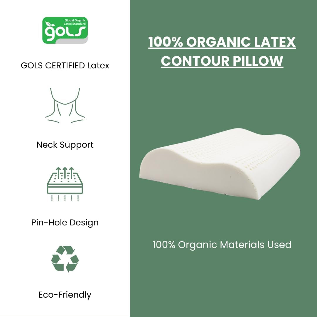 Organic Latex Contour Pillow with Organic Cotton Cover - GOTS & GOLS Certified, Ergonomic Contour Design, Bed Pillow, Spine Support - (Low Loft, Soft) - Pack of 1