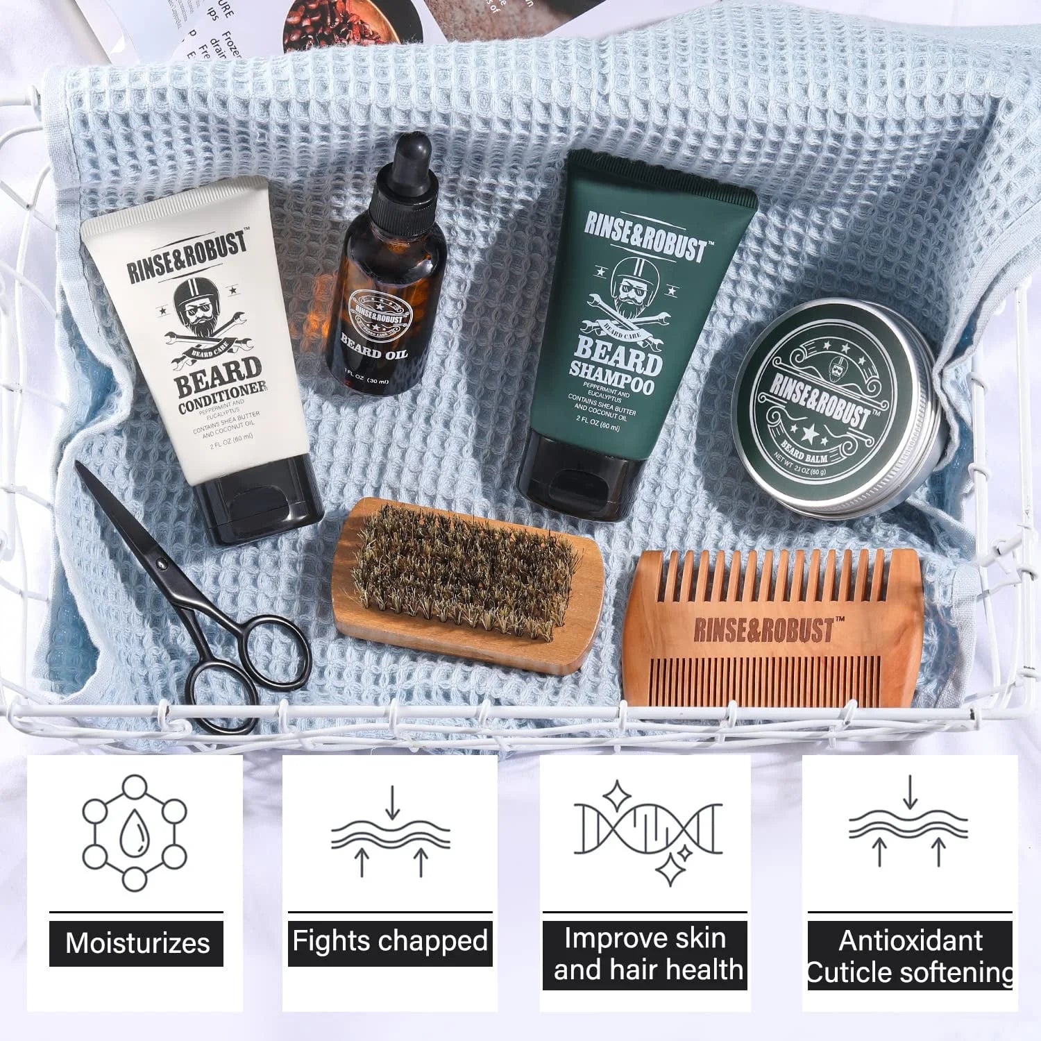 Beard Growth Kit for Men Beard Care Sets, 8Pcs with Traveling Bag Fathers Day Gifts for Hunsband, Beard Grooming Wash & Beard Conditioner Kit, Peppermint & Eucalyptus